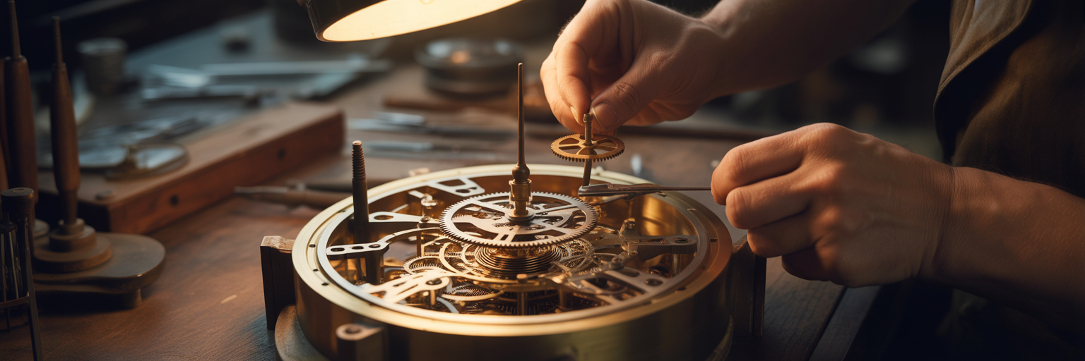 Artisan restoring intricate clockwork mechanism.