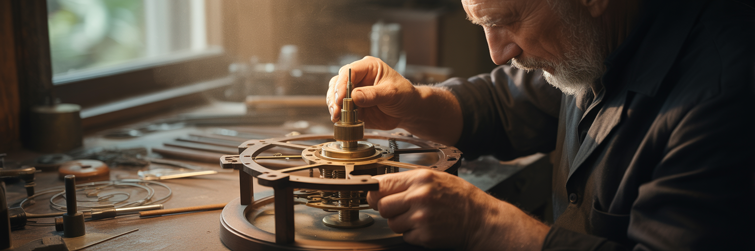 Artisan's hands assembling a wooden clock.