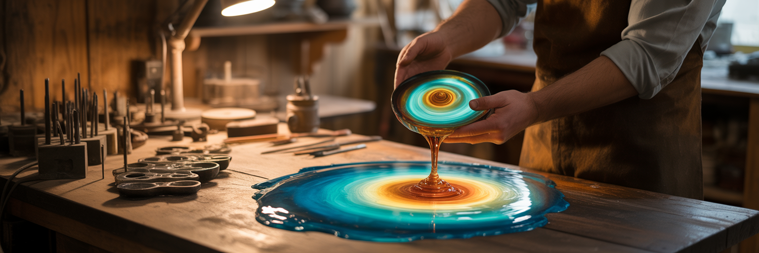 Artisan's hands balancing flowing resin.