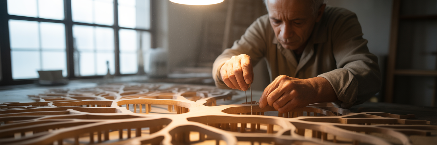 Artisan's hands building a complex wooden model.