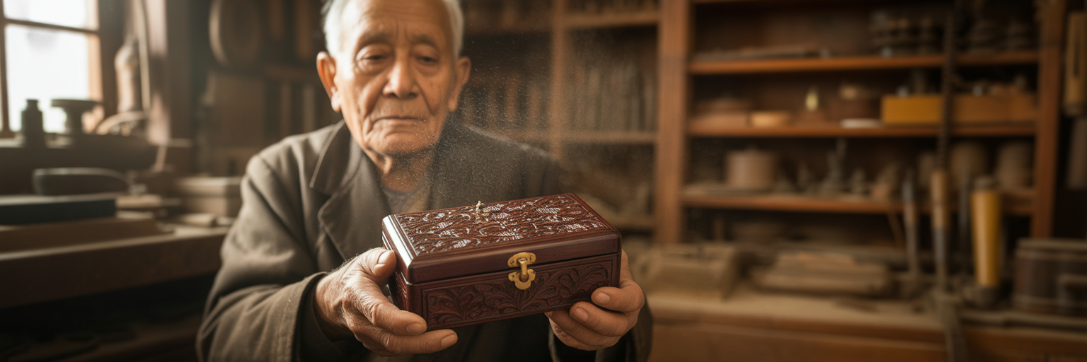 Artisan's hands examining intricate wooden puzzle box.