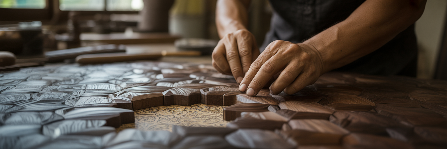 Artisan's hands integrating new wood into mosaic.