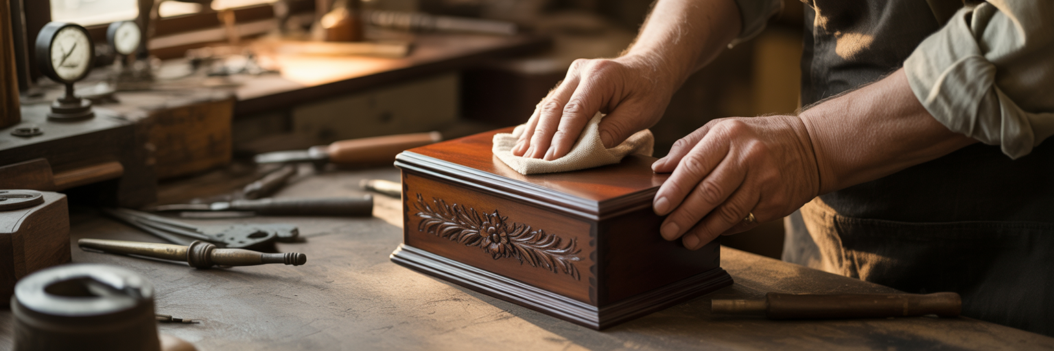 Artisan's hands polishing an intricate wooden box.