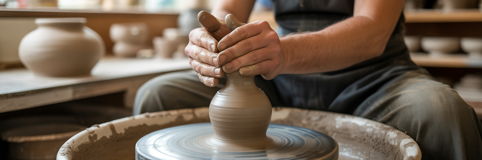 Artisan's hands shaping clay on a potter's wheel.