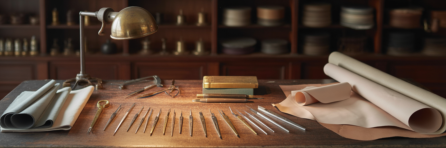 Artisan's workbench with precision tools and materials.