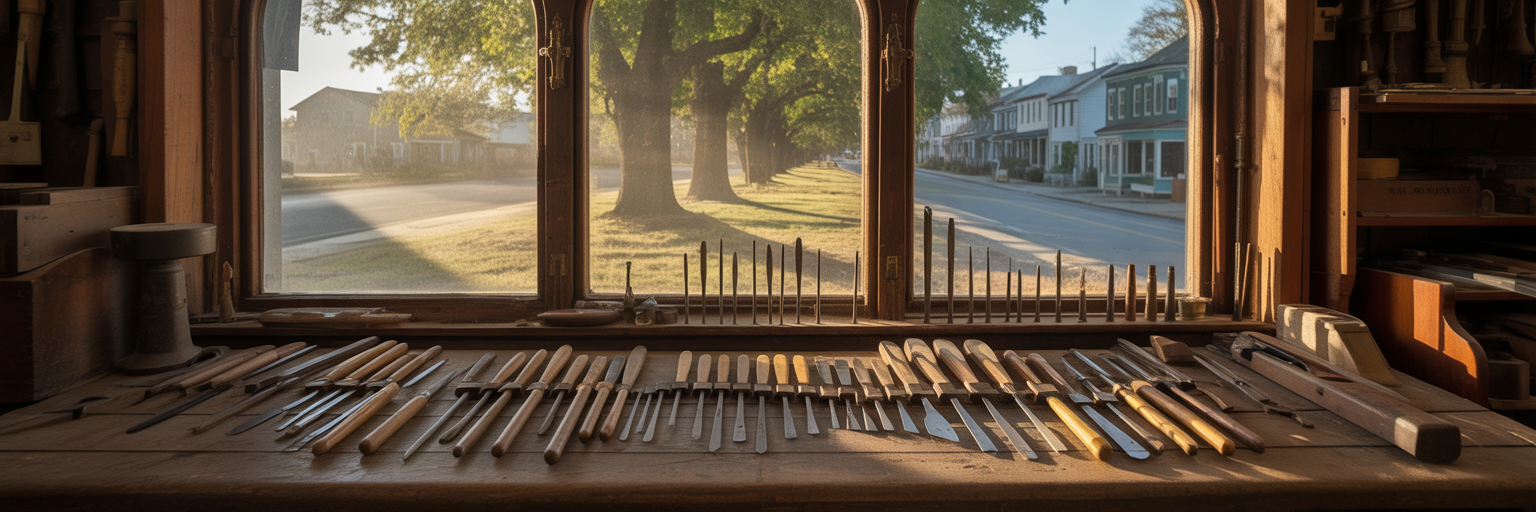 Artisan's workbench with tools and window view.