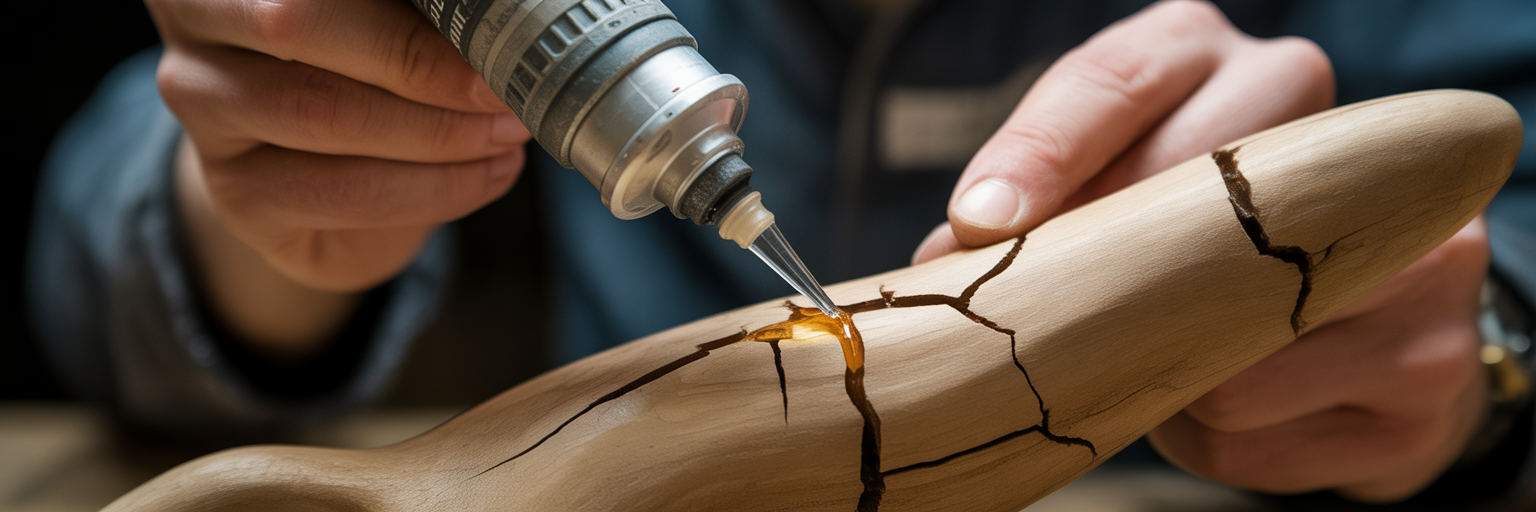 Artisan sealing wood crack with epoxy.