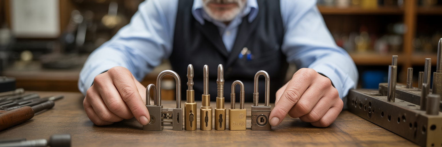 Artisan serrurier choisissant une clé futuriste complexe.