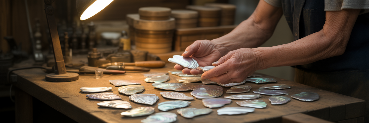 Artisan sorting polished mother of pearl.