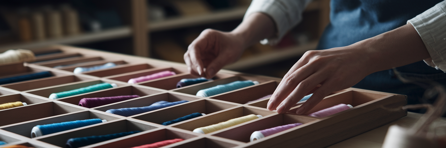 Artisan triant des fils de soie colorés.