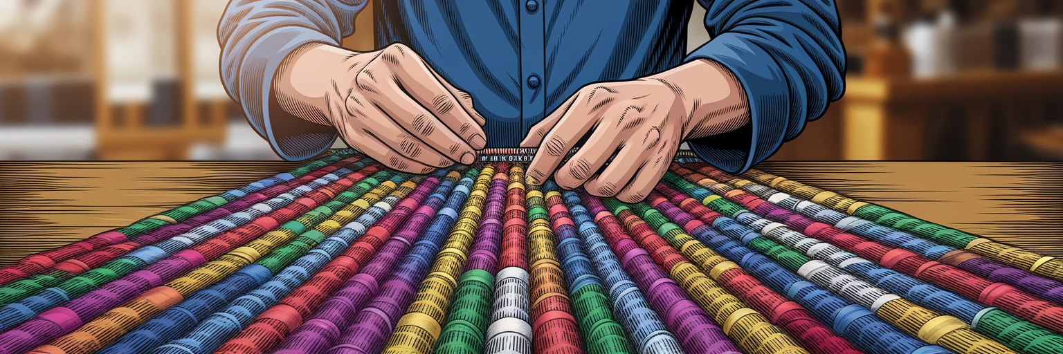 Artisan weaving multi-colored threads into a tapestry.