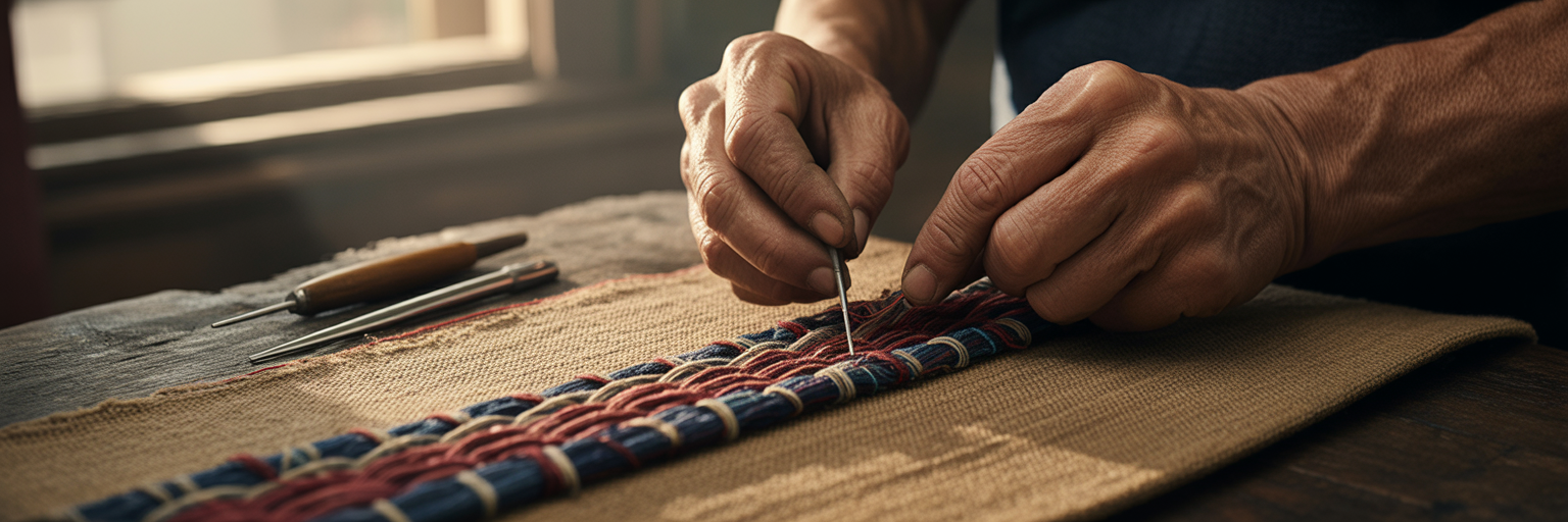 Artisanal hands weaving fabric threads.