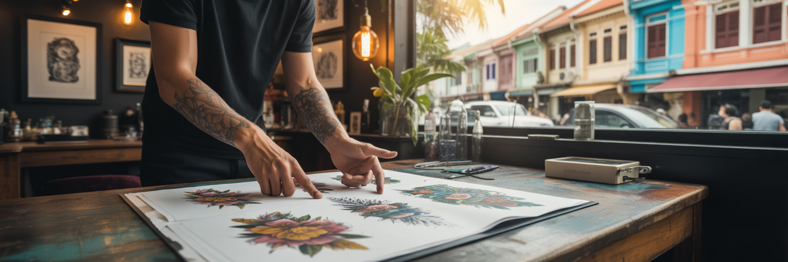 Artist and client collaborating on tattoo design.