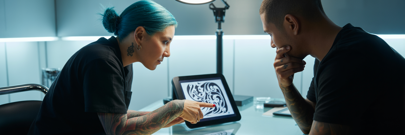 Artist and client designing fusion tattoo.