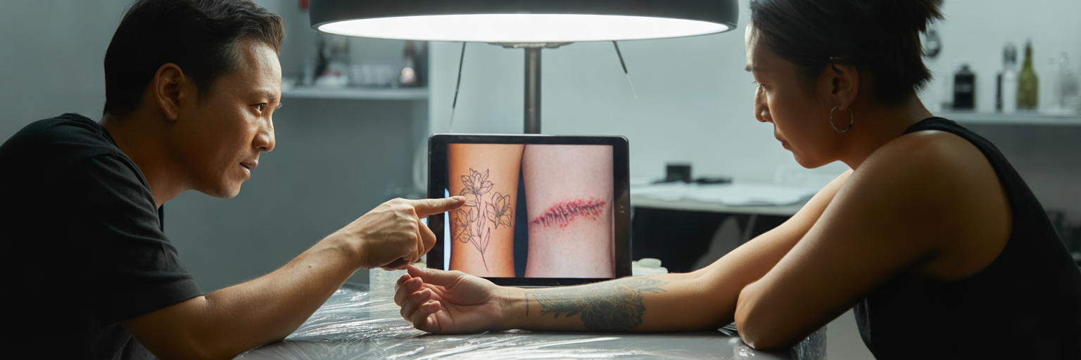 Artist and client designing scar cover-up tattoo.