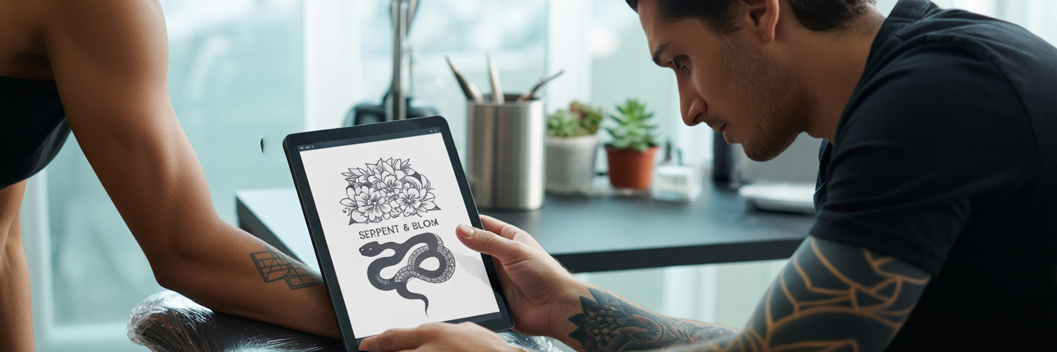 Artist and client discussing custom tattoo design