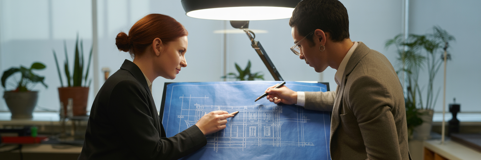Artist and client discussing design blueprint.