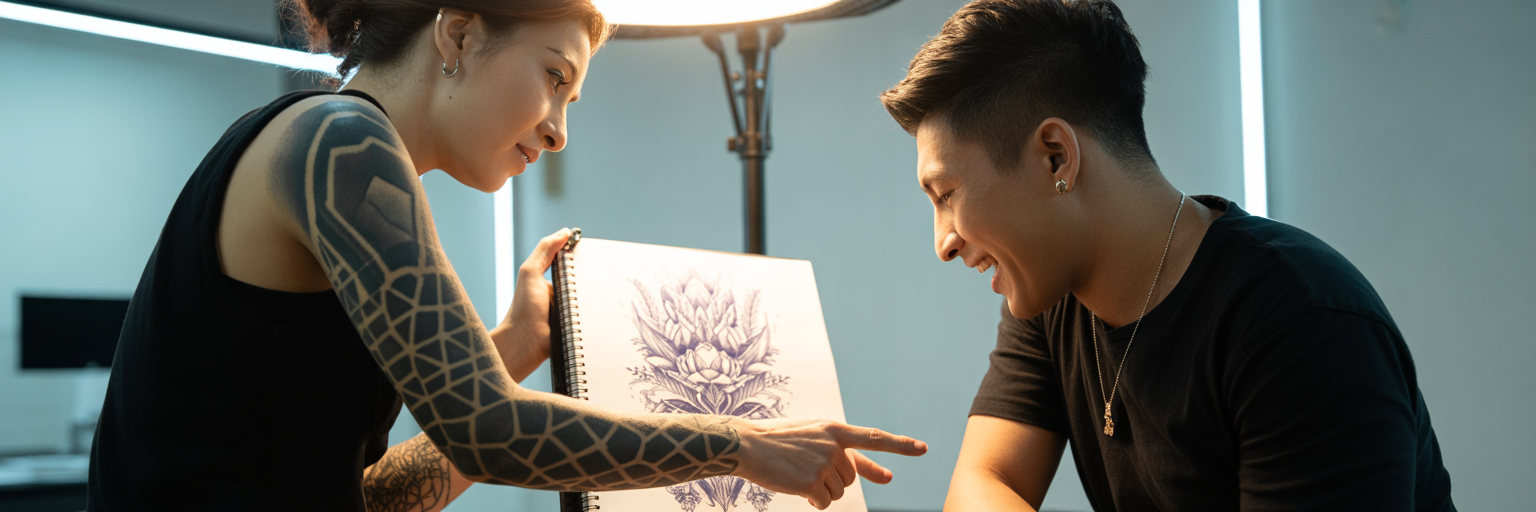 Artist and client discussing shoulder tattoo design.