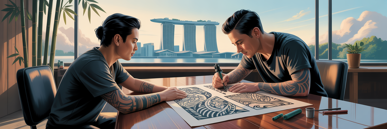 Artist and client discussing tattoo sketches.