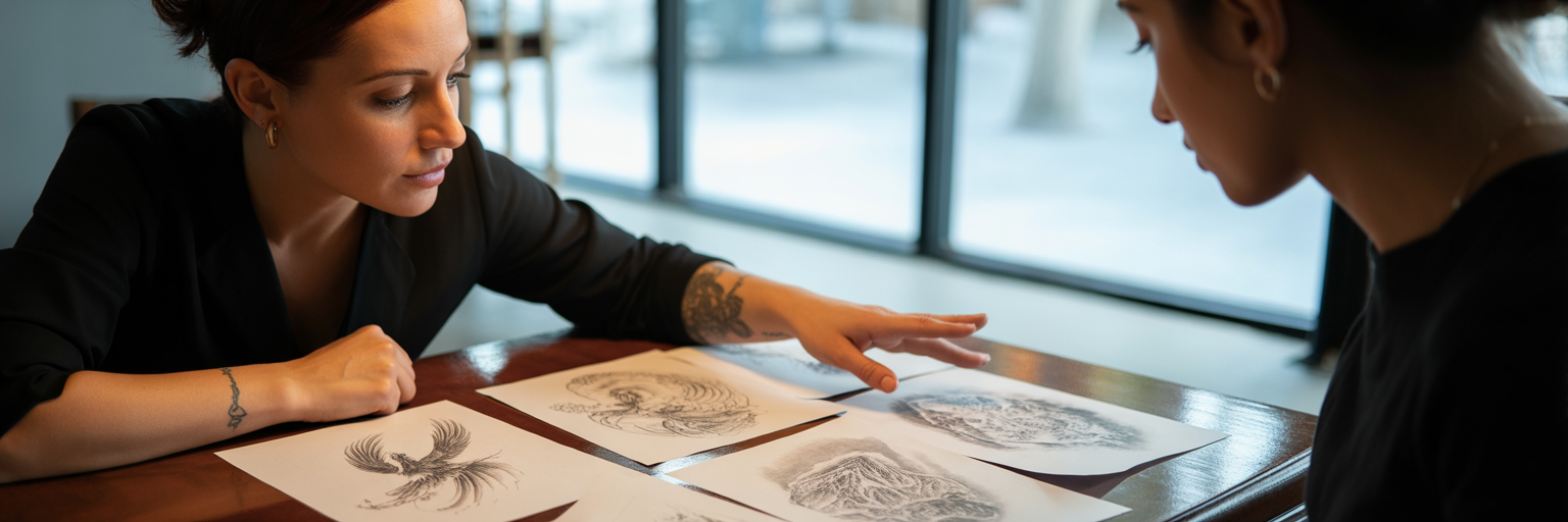 Artist and client reviewing symbolic tattoo designs.
