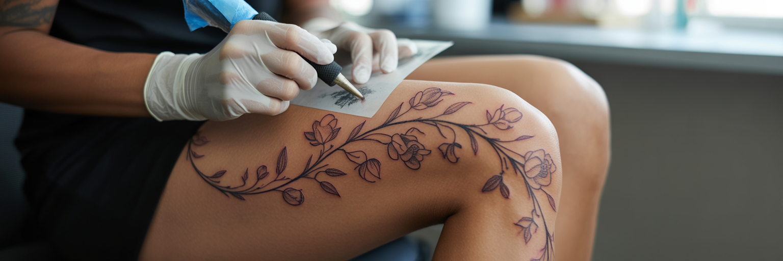 Artist applying floral tattoo stencil to knee.