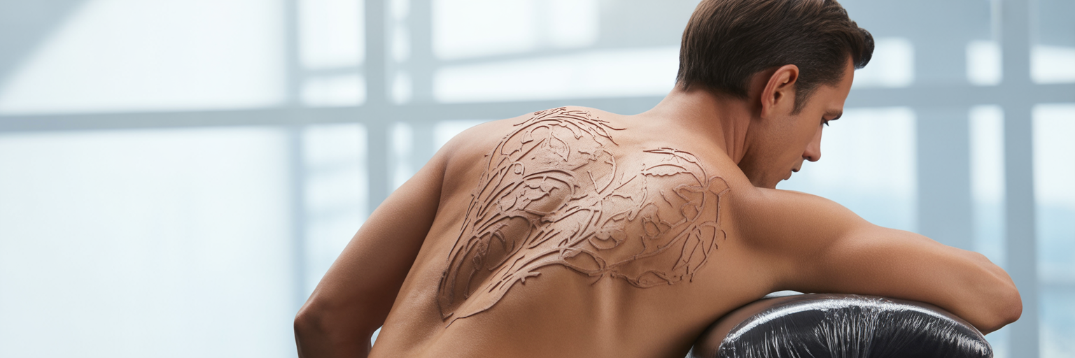 Artist applying large tattoo stencil to client's back.