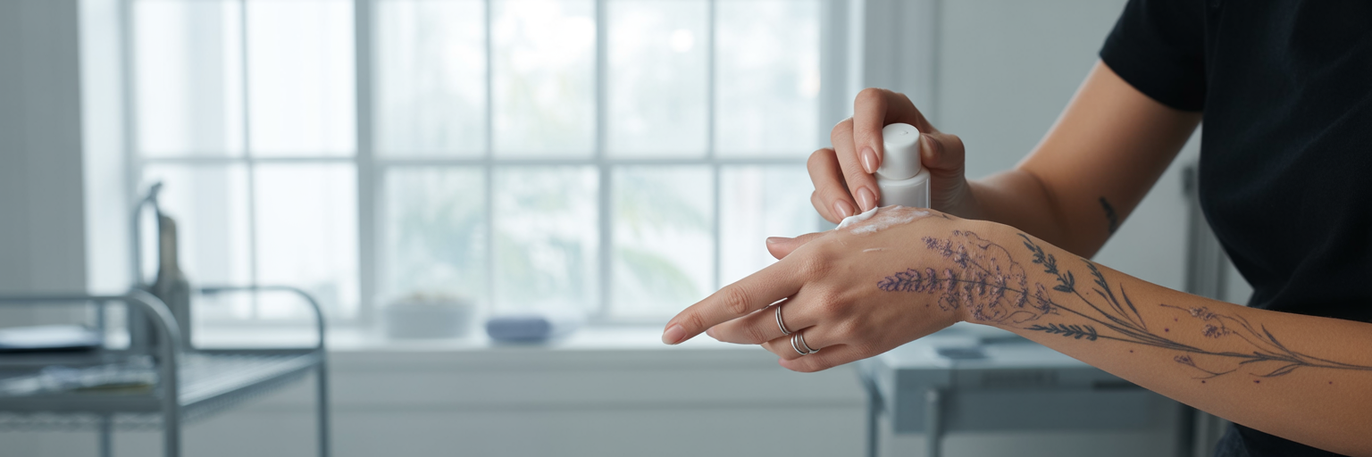 Artist applying lotion to fine-line hand tattoo.