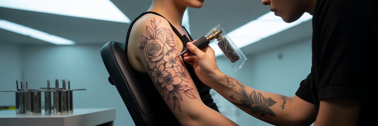 Artist applying tattoo stencil on upper arm.