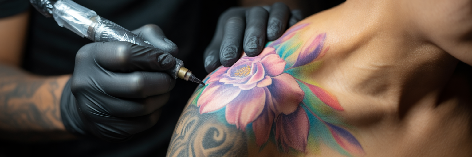 Artist creating a detailed cover-up tattoo.
