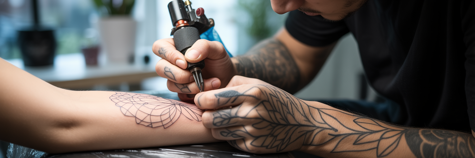 Artist creating a fine-line geometric tattoo.