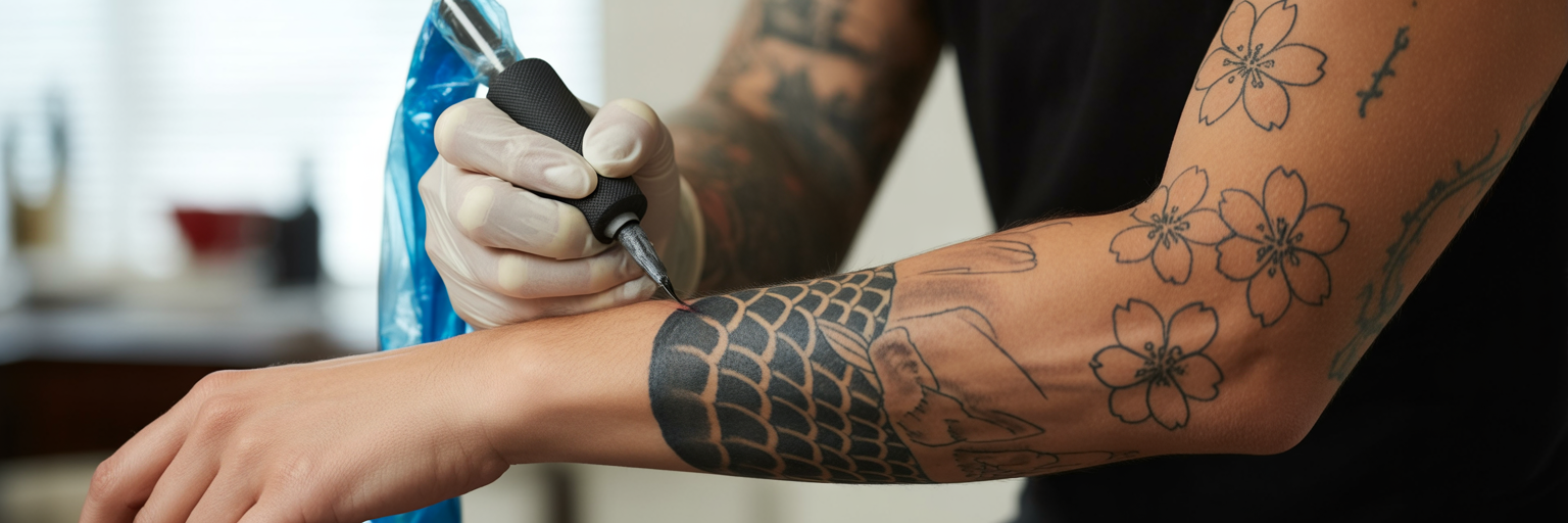 Artist creating cultural fusion tattoo.