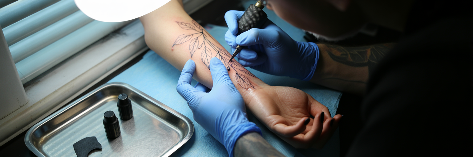 Artist creating fine-line botanical wrist tattoo.