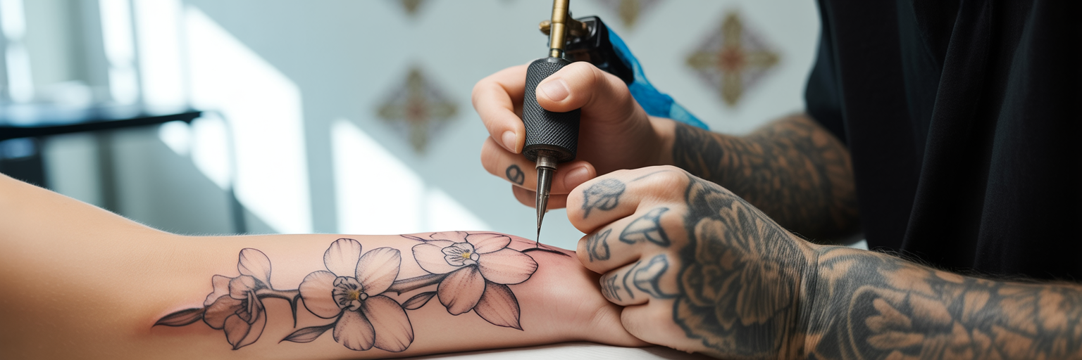 Artist creating fine-line orchid tattoo.