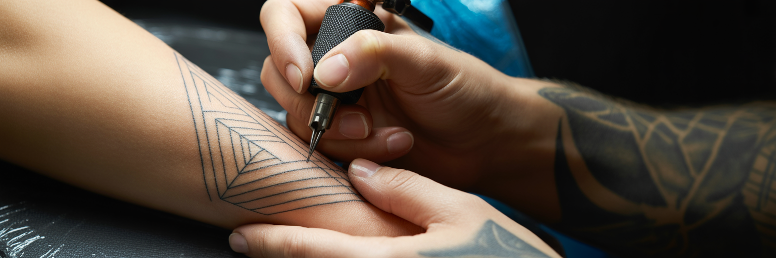 Artist creating fine-line tattoo design.