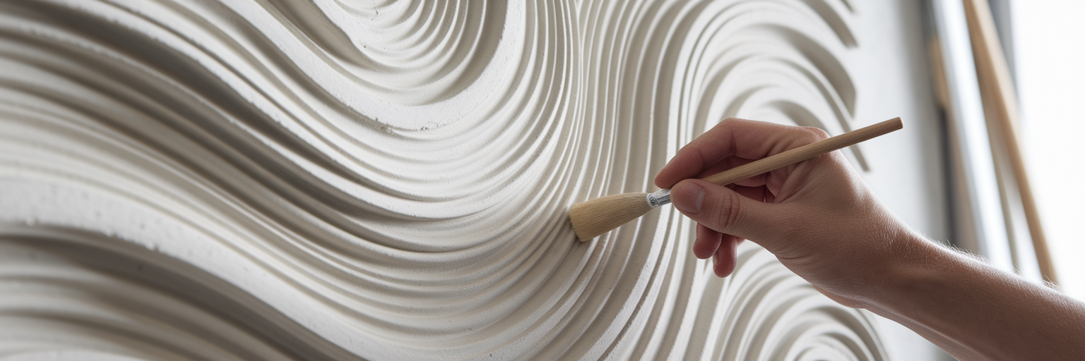 Artist creating textured 3D plaster wall art.