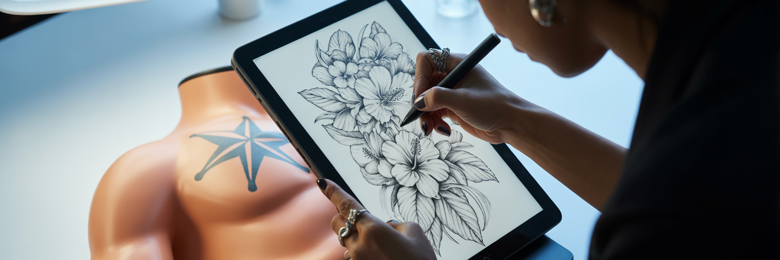 Artist designing a floral cover-up tattoo.