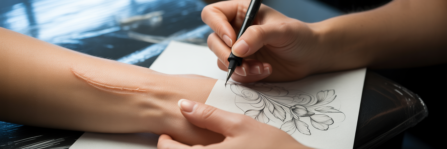 Artist designing floral tattoo over scar.