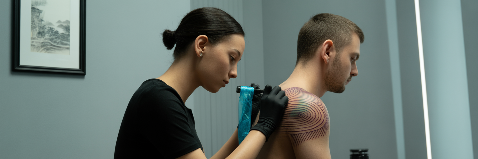 Artist drawing a tattoo design on a client's shoulder.