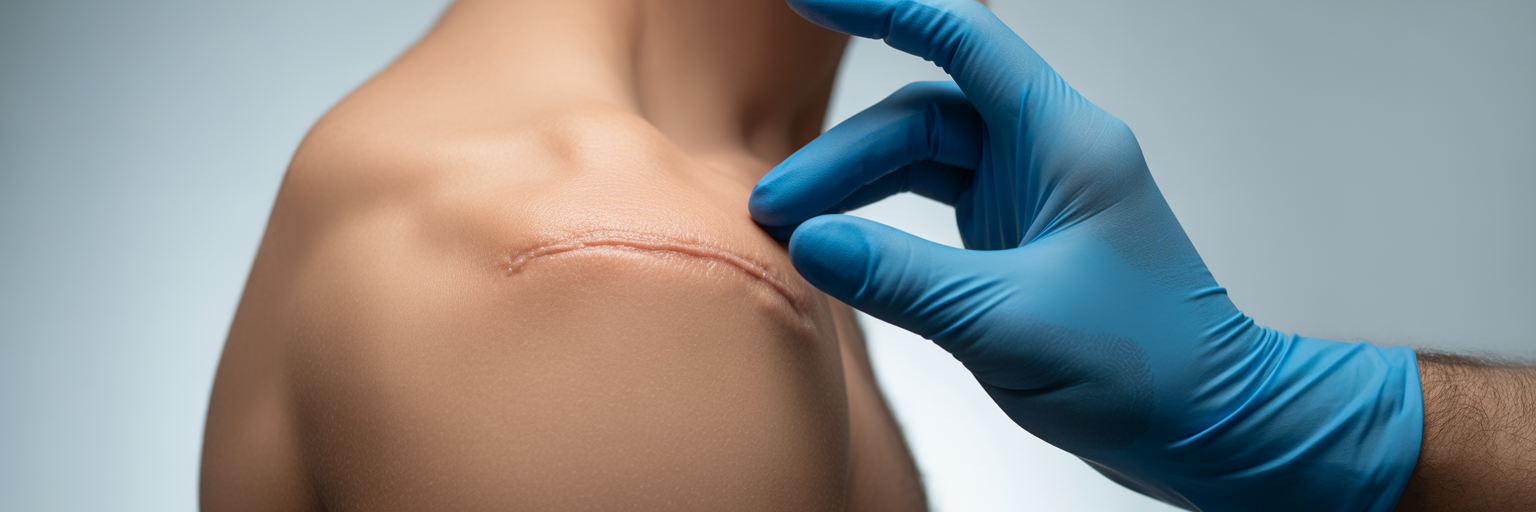 Artist examining scar tissue before tattoo.