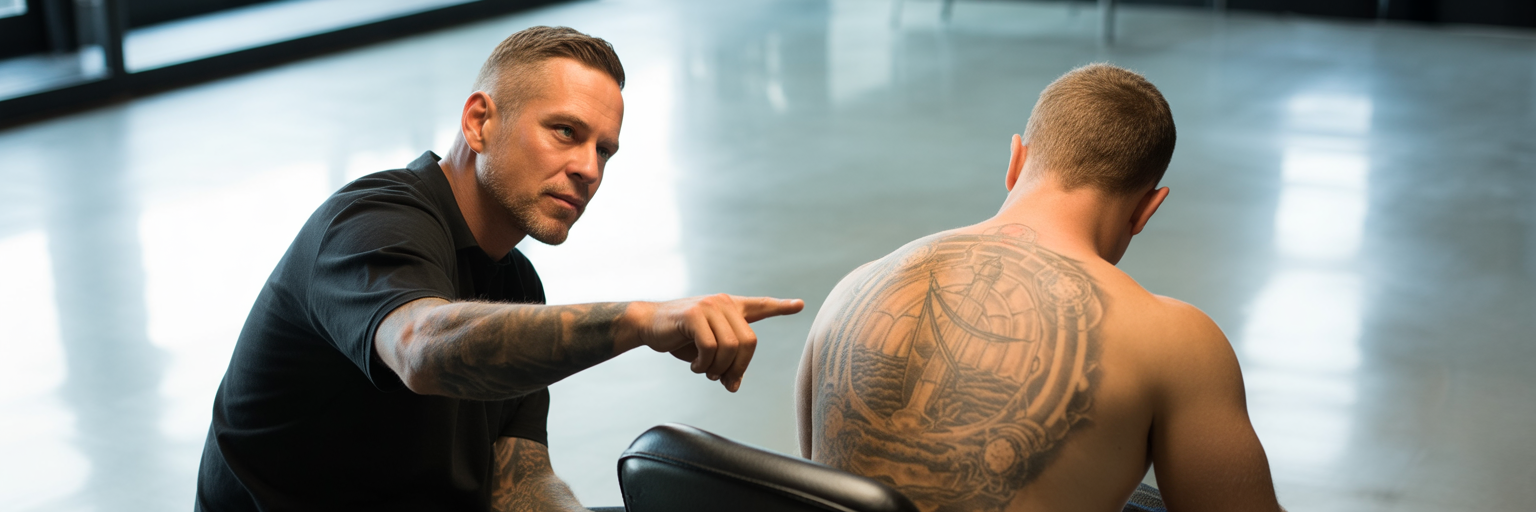 Artist explaining cover-up on faded tattoo.