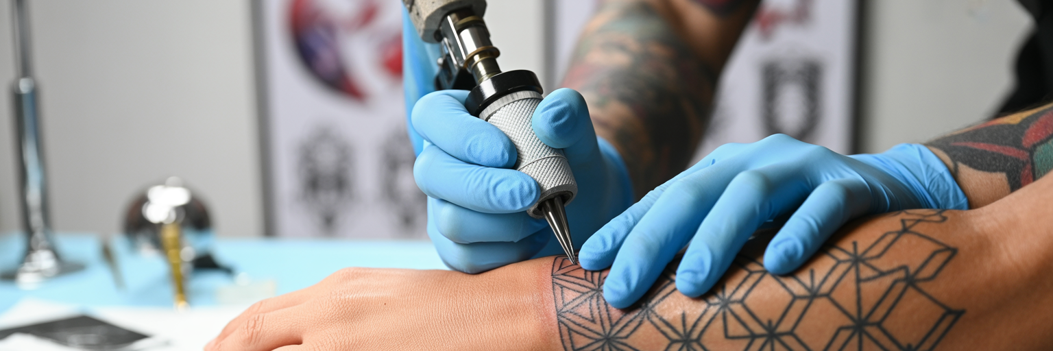 Artist inking geometric tattoo pattern.