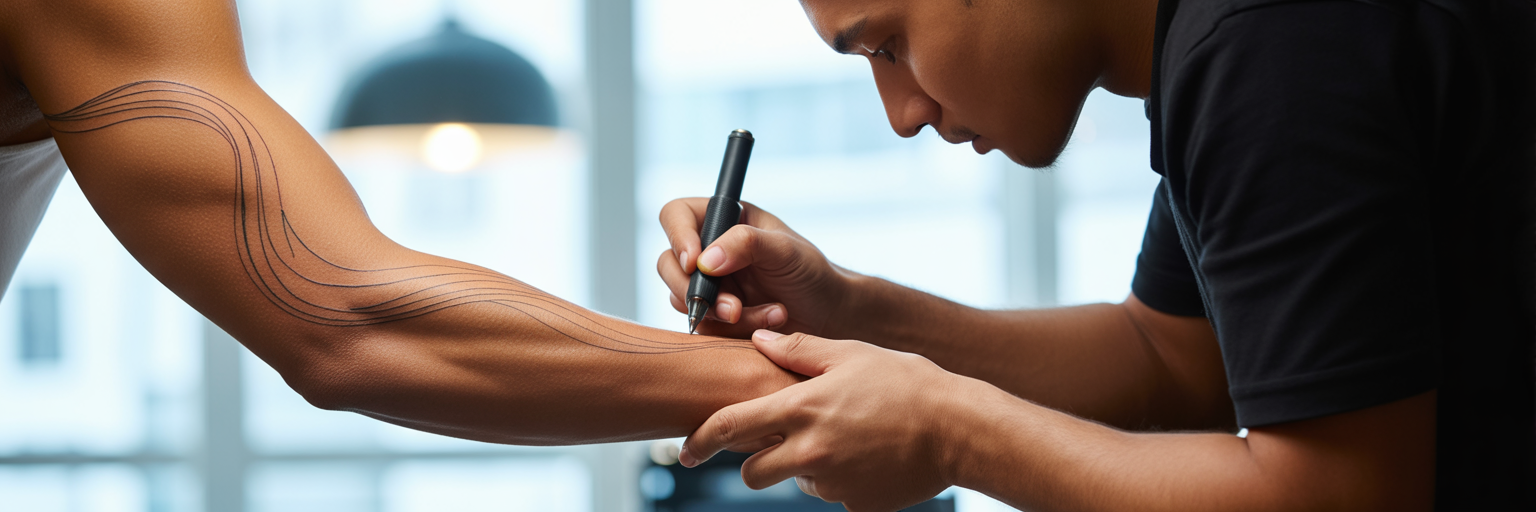 Artist planning a full sleeve tattoo on arm.
