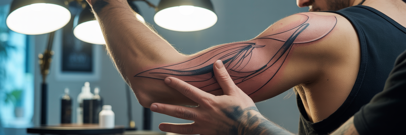 Artist planning tattoo flow on bicep.