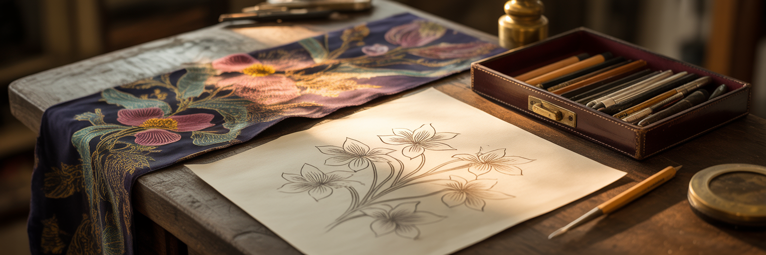 Artist's workbench with design tools and fabric.