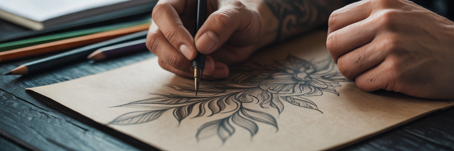 Artist sketching a cultural fusion tattoo.