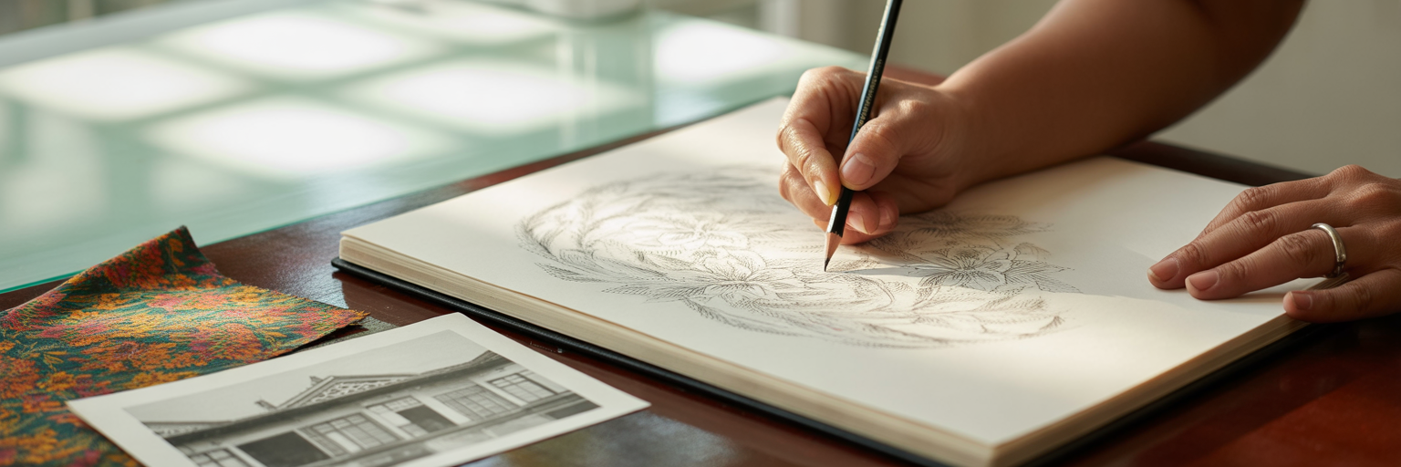 Artist sketching a custom fusion tattoo design.