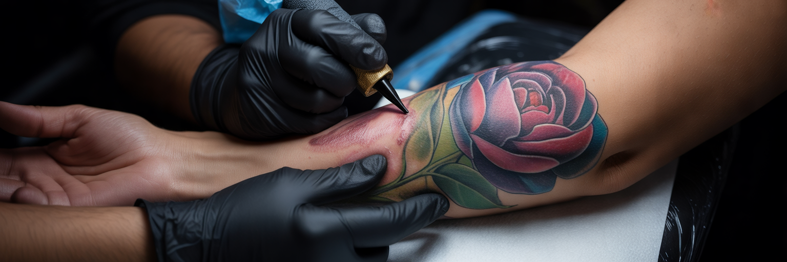 Artist tattooing a floral design over scar