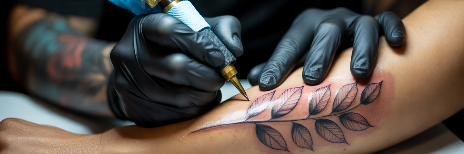 Artist tattooing over a scar with precision.