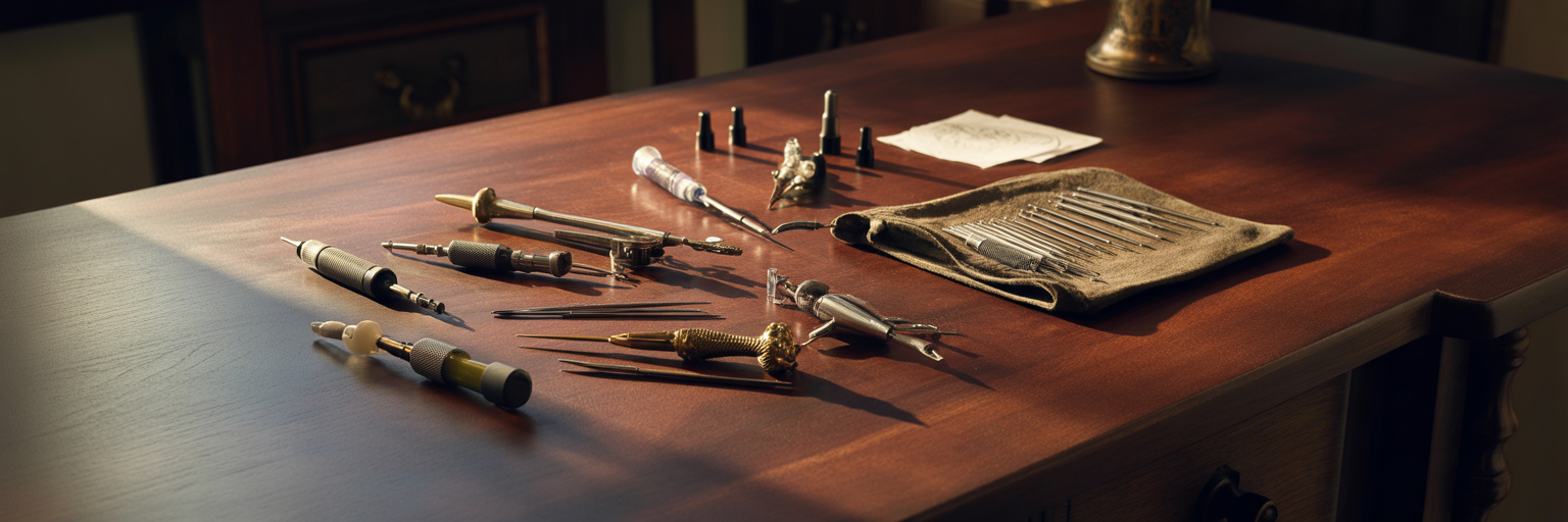 Artistic layout of tattoo tools on workbench.