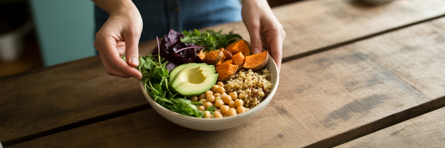 Assembling a colorful nutrient-dense nourish bowl.